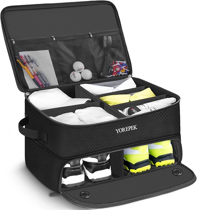 YOREPEK 2 Layer Golf Trunk Organizer, Golf Gifts for Men with Separate Ventilated Compartment for 2 Pair Shoes, Waterproof Car Trunk Locker for Balls, Tees, Clothes, Gloves, Gifts for Golfers by YOREPEK