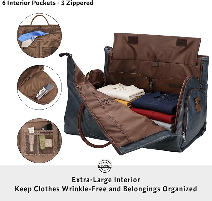 STOVER Garment Travel Duffle Bag, Large 2-in-1 Convertible Carry-on Luggage for Men & Women- Hanging Suits, Dresses & Clothes + Shoe Compartment- Weekender Tote Combo Duffel (Blue Leatherette) - Image 3