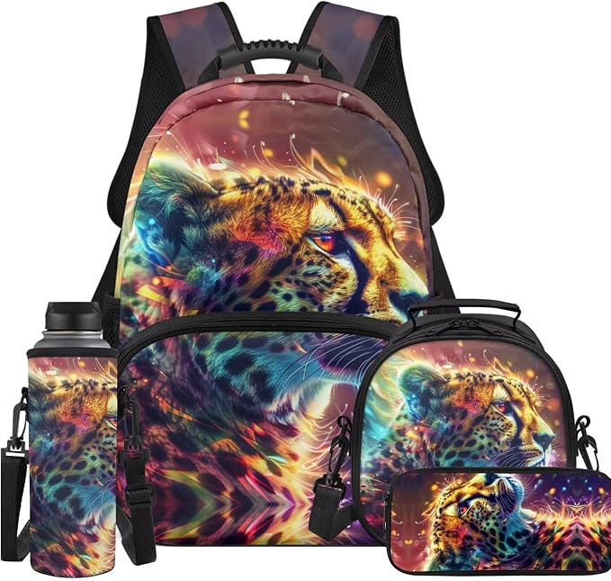 Cheetah Kids Backpack with Lunch Box for Boys Set of 4 School Backpacks Matching Combo Back to School Gifts and Pencil Case Pouch for Teens Children Ages 6-10 17 inch by Unknown