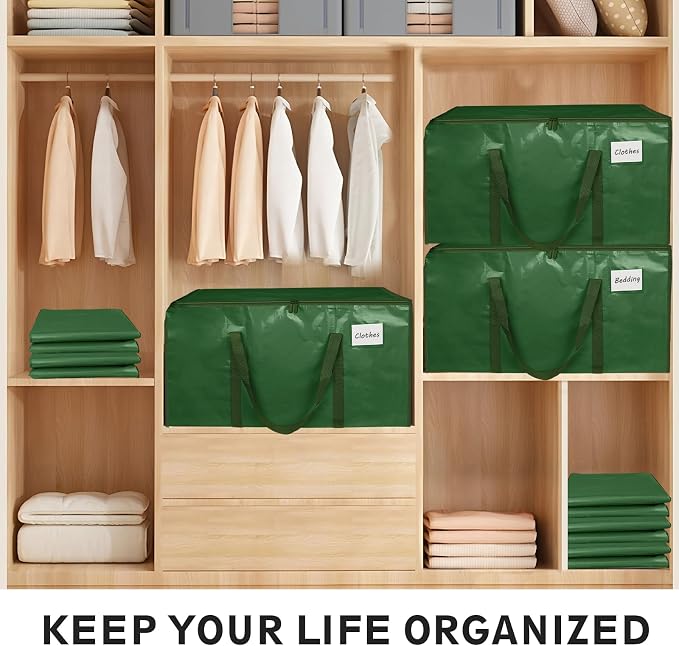 6 Pack-Extra Large Heavy Duty Moving Bags - Waterproof Storage Totes with Handles & Zippers, Foldable for College Dorm, Storage (olive green) - Image 5