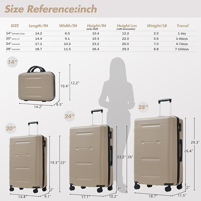 Merax Luggage Set,6 Piece Suitcase with Bags,Lightweight Carry on Luggage | 14/20 IN Airplane Approved,24/28IN Hardside Suitcase with Double Spinner Wheels Handle Password Lock,Khaki - Image 7