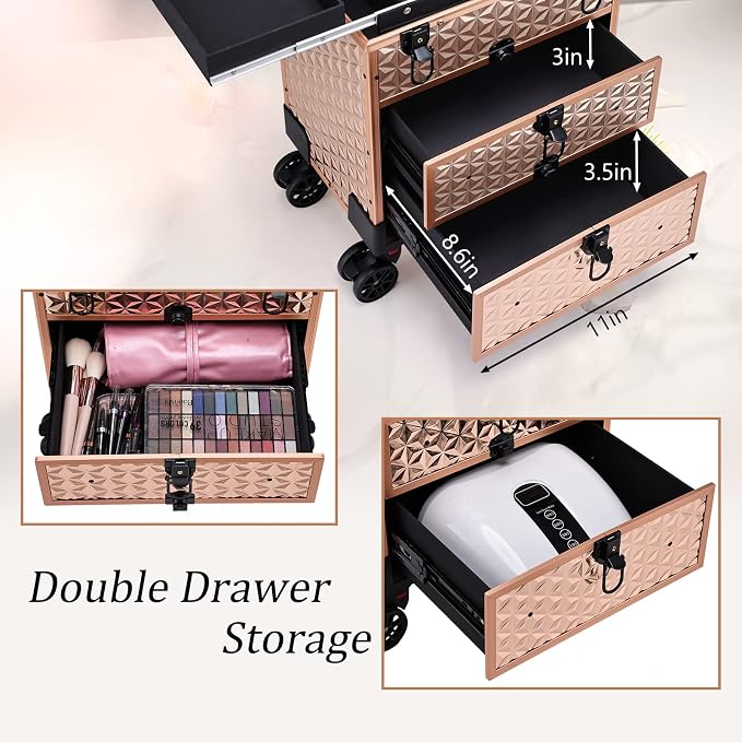 FRENESSA Professional Rolling Makeup Case Aluminum Trolley Train Case with Swivel Wheels for Makuep Artist Travel Cosmetic Organizer with Sliding Drawers for Nail Tech Hairstylist Barber Rose Gold - Image 4