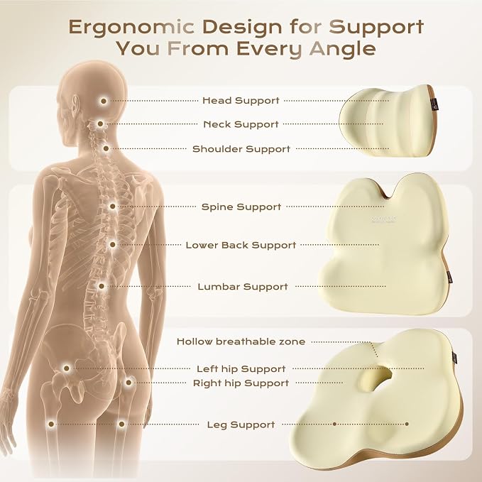 Coverado Truck Seat Cushion and Lumbar Support Headrest Pillow Memory Foam Ergonomic Car Cushion Back Neck Support Pillow Sciatica & Back & Tailbone Pain Relief Car Cushions for Driving Coffee&Beige - Image 4