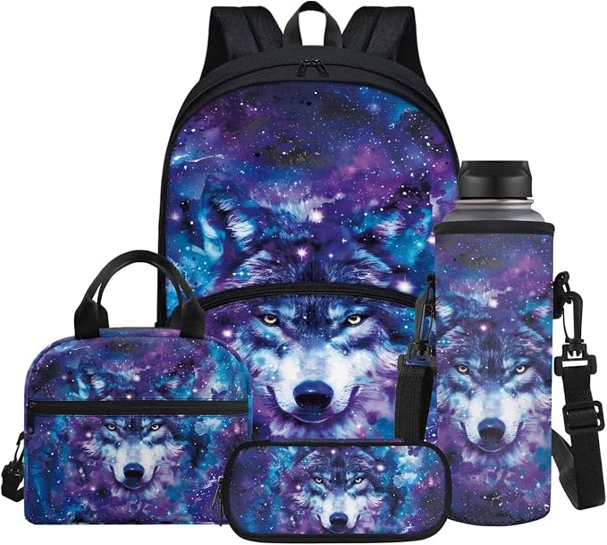 Blue Nebula Wolf Backpack Teen Girls Kids School Bookbag Casual Daypacks Travel Backpack with Lunch Box & Pencil Case & Water Bottle Sling Bag by Glomenade