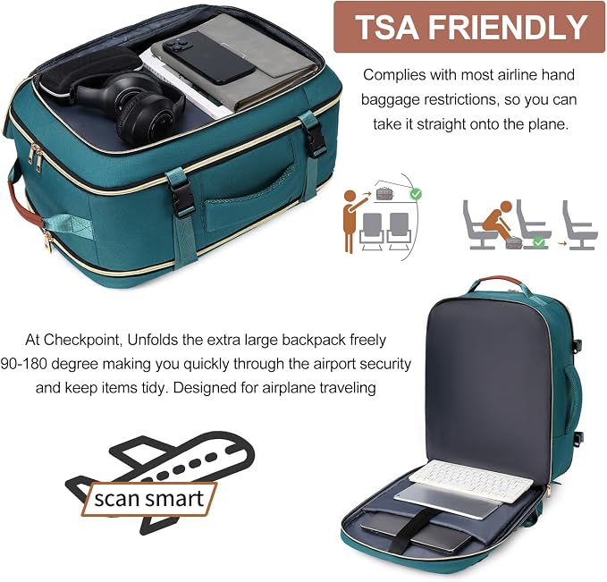 40L Travel Laptop Backpack for Women & Men, Airline Approved Carry On Luggage Overnight Bags, Waterproof Personal Item Bag, Weekender Essentials Backpacks Vacuum Backpack Dark Green - Image 8