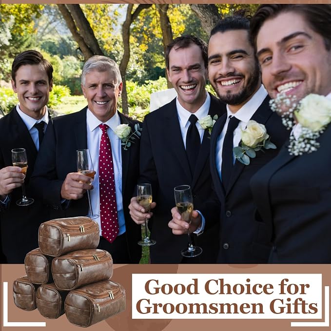Aliceset 6 Pcs Groomsmen Gift Groomsmen Toiletry Bags Set of 6 Leather Toiletry Bag for Men with Hook Leather Wedding Proposal Bag with Side Handle Father Gift(Dark Brown) - Image 4