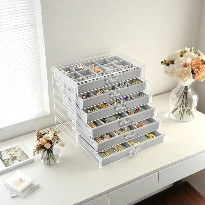 Watpot Acrylic Jewelry Box Organizer and Storage 6 Drawer for Earring Display Gray - Image 7