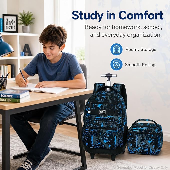 3Pcs Rolling Backpack for Boys, Men Roller Bag with Wheels for Adults, 19 Inche Graffiti Wheeled Bookbag with Lunch Box(Blue) - Image 6