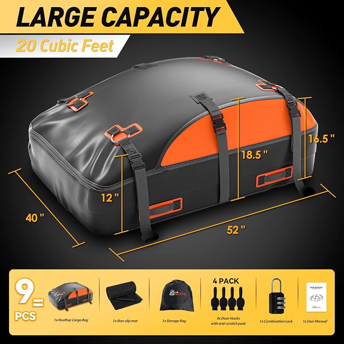 Asinking Car Rooftop Cargo Carrier Bag, 100% Waterproof Non-Rip 20 Cubic Feet Car Roof Bag for All Vehicles with/Without Rack, Includes Non-Slip Mat, Luggage Lock, 4 Door Hooks, Storage Bag - Image 3