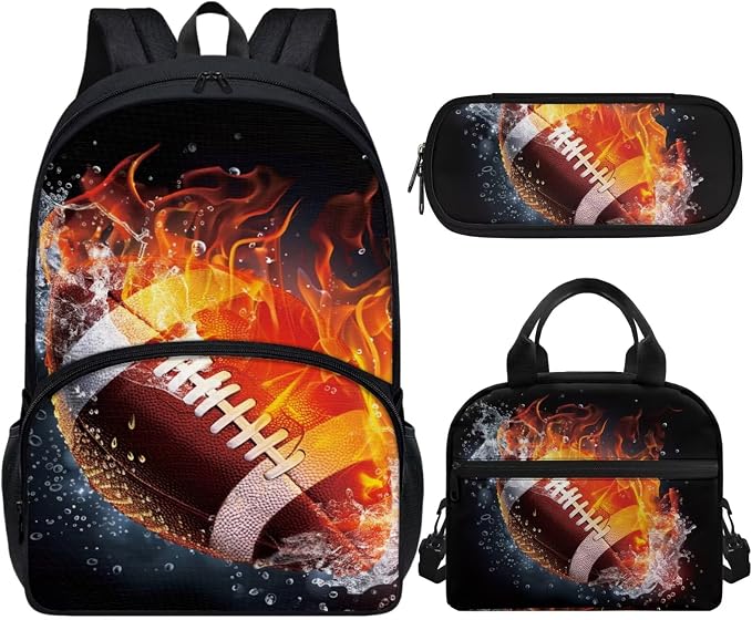 Football Bookbag for Boys Teenage Boys Girls Schoolbag Backpack Set with Lunch Box and Pencil Pouch 17 Inch Laptop Bag Casual Daypack, 3Pcs by Vanideaoty