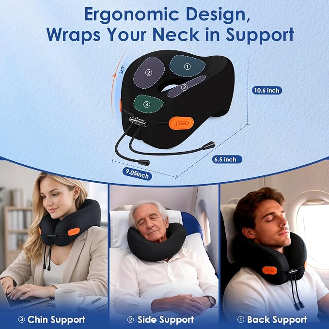 jiaao Travel Pillow Memory Foam Neck Pillow for Airplanes with Adjustable Neck Support, Includes Eye Mask, Earplugs & Storage Bag - Perfect for Flights, Road Trips, and Trains - Image 2