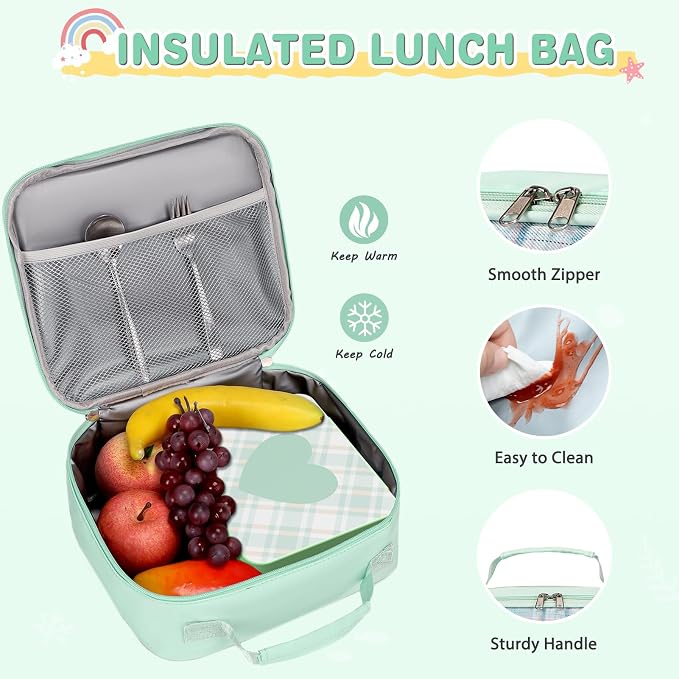 ACESAK Girls Backpack - Bento Box with Insulated Lunch Bag Pencil Case & Utensils Set for Kids, 6 Leakproof Compartments Removable Tray Lunches or Snack Container for School (Green) - Image 6