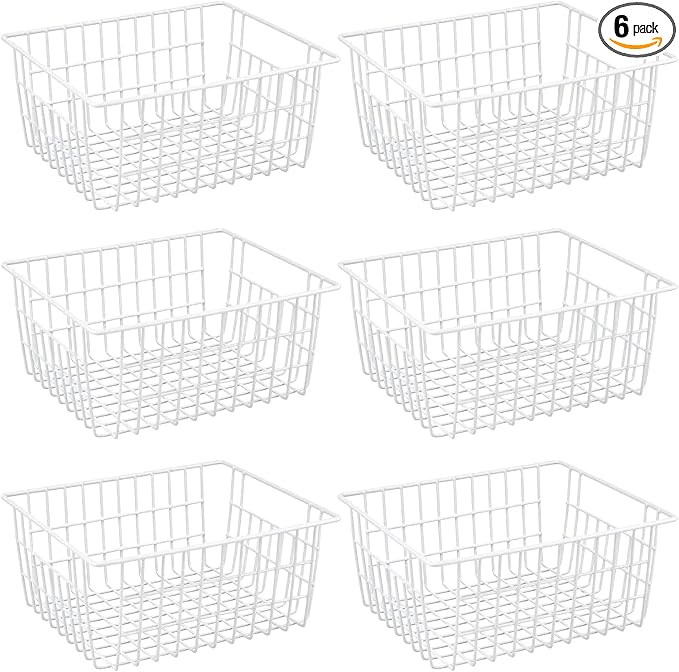 iPEGTOP Wire Storage Freezer Baskets, Set of 6 Large 15.4" Farmhouse Organizer Storage Bins Fridge Basket Rack with Handles for Kitchen Cabinets, Pantry, Office, Bathroom Organization - White by iPEGTOP