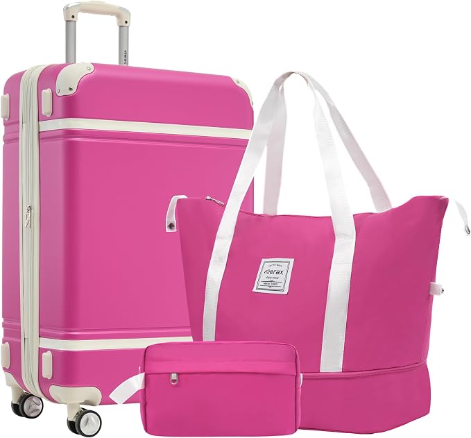 Merax 24 Inch Checked Luggage, Expandable Suitcase with Spinner Wheels, Hard Shell Vintage Luggage Set with TSA Lock(Pink) by Merax