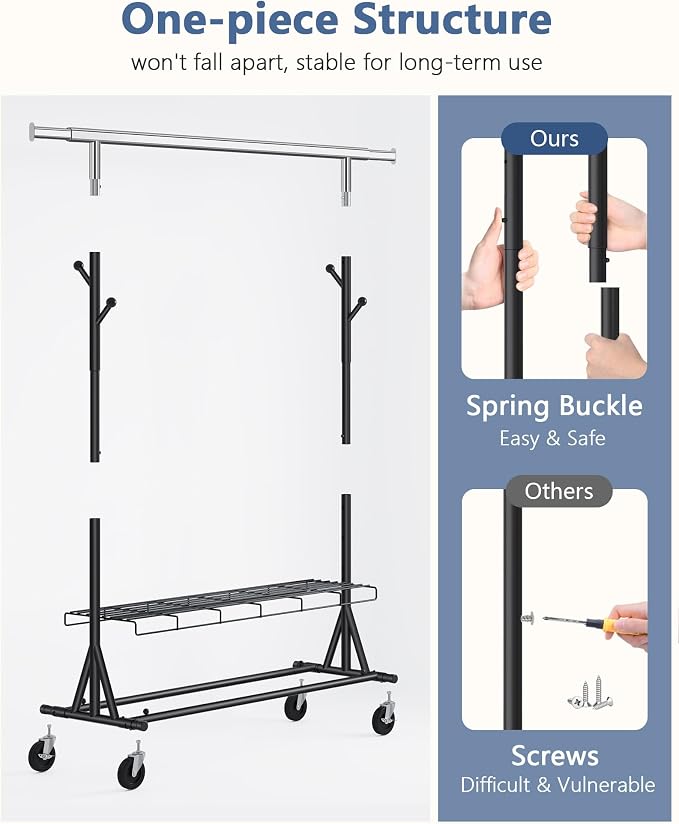 Hoctieon 1-Minute Assembly Clothes Rack, 480 lbs Heavy Duty Rolling Clothing Racks with Wheels, Foldable Garment Rack, Extendable Hanging Bar, Adjustable Metal Pole with Hooks, Black - Image 5