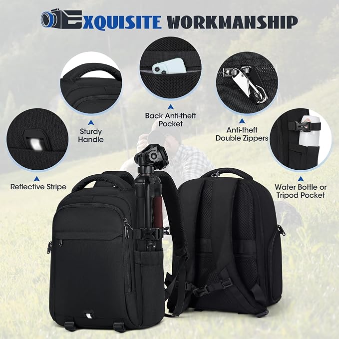 RAINSMORE Camera Backpack Camera Bag for Photographers DSLR SLR Mirrorless Camera Cases with Waterproof Rain Cover & Laptop Compartment Fits 14 Inch Laptop,Anti Theft Travel photography backpack,Black - Image 8