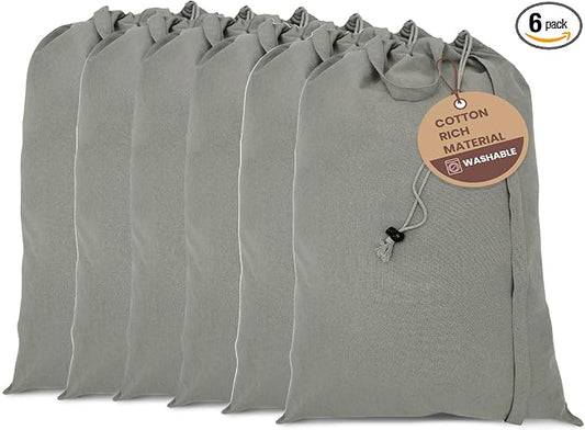 LFH Home Cotton Rich Large Laundry Bag with Handle, Heavy Duty Drawstring Closure Washable Laundry Bags, School Travel, Home, Hotel, College Dorm, Organizer Sack, Toys Clothes 20x30 (Pack of 6)-Grey by LFHHomePrivateLimited