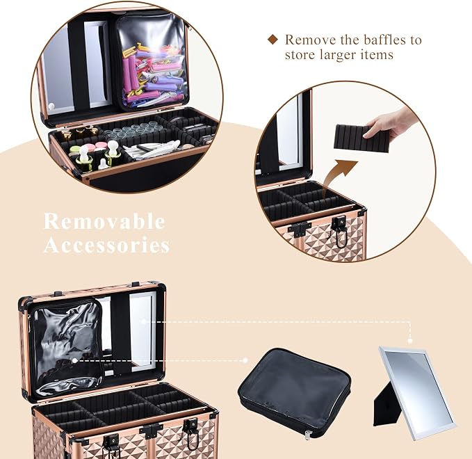 Professional Makeup Artist Rolling Train Case Multi-functional Cosmetic Train Case Large Trolley Storage Case for Nail Technicians Cosmetology Case for Hairstylist Rose Gold - Image 3
