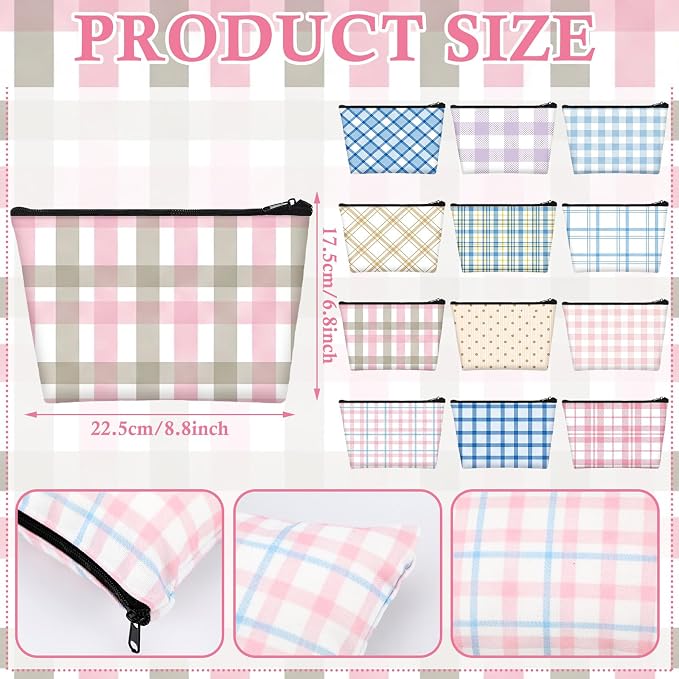 Sweetude 12 Pcs Pastel Plaid Makeup Bag Bulk Buffalo Plaid Portable Travel Cosmetic Bag with Zipper Preppy Checkered Waterproof Roomy Travel Toiletry Organizer Storage Beauty Pouch for Women Gifts - Image 4