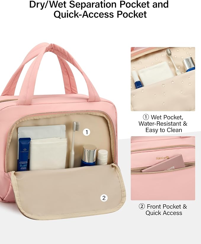 Hanke Hanging Travel Toiletry Bag for Women, Water-Resistant Makeup Organizer with Hook, Cosmetic Bag for Bathroom & Travel Essentials Accessories, Pink - Image 3
