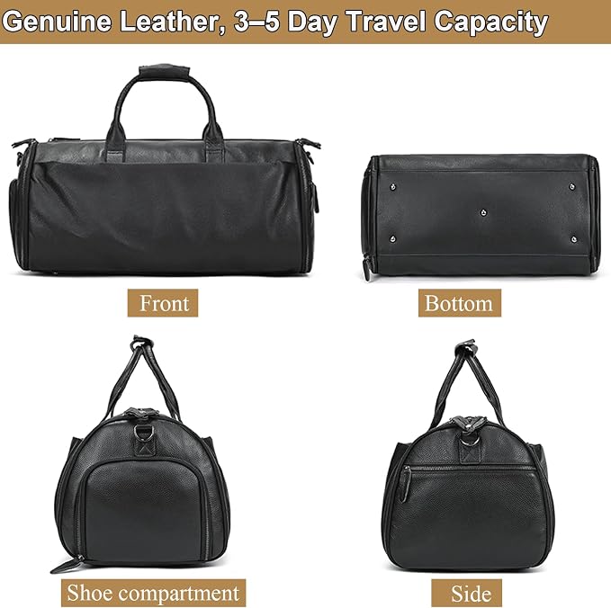 Genuine Leather Travel Duffel Bag for Men, Convertible Carry-On Luggage Hanging Garment Bag for Business & Gym, Large Capacity Weekender Bag with Multiple Pockets (Black) - Image 3
