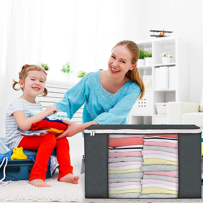 Large Storage Bags, 3 Pack Clothes Storage Bins Foldable Closet Organizers Storage Containers with Durable Handles Thick Fabric for Blanket Comforter Clothing Bedding 90 L (Gray) | Foldable Storage Containers, with Reinforced Handle, for Clothing, Blan... - Image 7