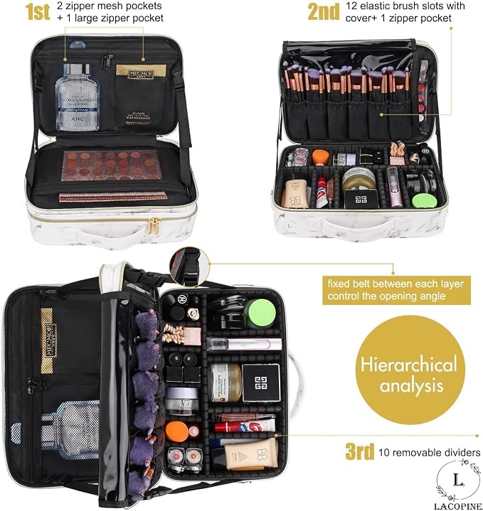 Large Makeup Organizer Bag Travel Train Case Portable Cosmetic Artist Storage Bag with Adjustable Dividers for Cosmetics Makeup Brushes, MARBLE PATTERN, 18 INCH (2 LAYER), Travel Accessories - Image 3