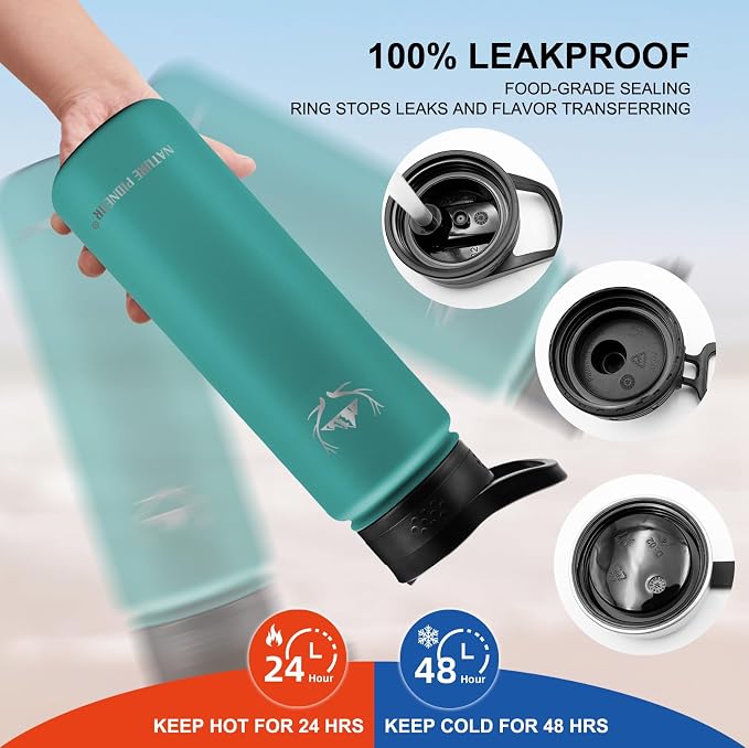 NATURE PIONEOR 24 oz Insulated Water Bottle with Carrier Bag & 3 Lids | 18/8 Food-grade Stainless Steel, Double Vacuum Insulation, 3 Leak-proof Lids, Strap, Camping, Hiking, Gym, Work - Image 3