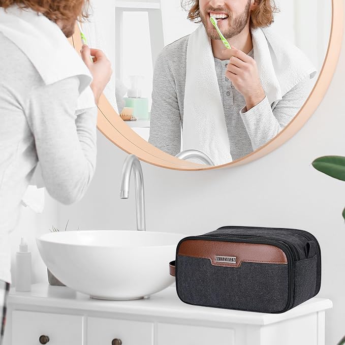 WITZMAN Canvas Toiletry Bag for Men Travel Toiletries Large 7L Dopp Kit | Multi-pockets with Dry-wet Pocket, Side Handle for Hanging, Lightweight, For Daily Use, Bathroom, Make up, A8002 Black - Image 2