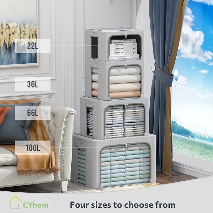CYhom 2Pack Extra Large Clothes Storage Bins Box - Linen Fabric Foldable Stackable Container Organizer Set with Clear Window & Carry Handles & Metal Frame (Light Grey, Extra Large-100L) - Image 3