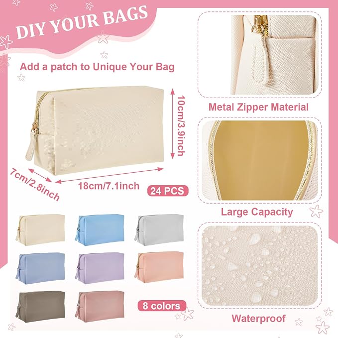 24 Pcs Preppy Makeup Bag PU Leather Cosmetic Bag with Zipper Plain Cosmetic Pouch Waterproof Toiletry Makeup Pouch for Women Bridal Shower Favors Traveling Organizer(Morandi) - Image 2