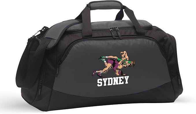 Personalized Girls Wrestling Duffel Bag Custom | Wrestling Design Wrestler Name Birthday Christmas Tournament Senior Night (Female Wrestler, Charcoal/Black, Gym Bag Only) by VitalSignsNW