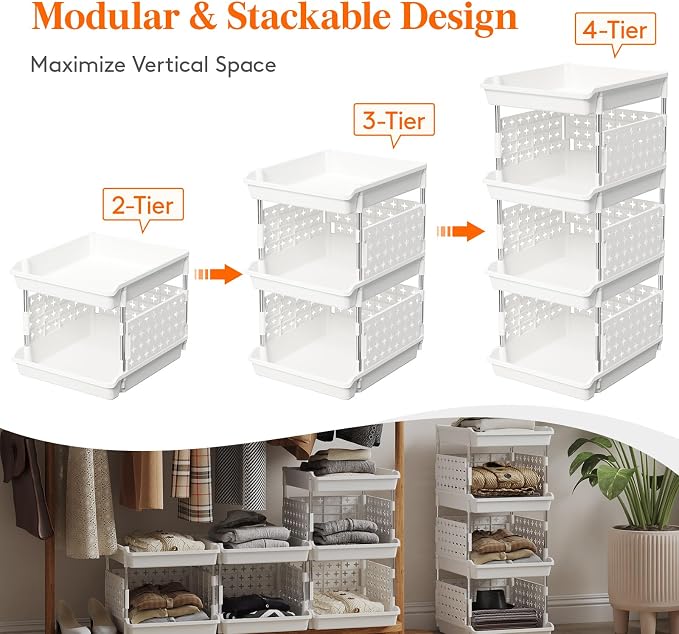 Lifewit Plastic Stackable Storage Baskets, 4 Tier Stacking Bins for Food and Clothes, Multifunctional Organizer for RV, Kitchen, Playroom, Pantry, White, 35 x 30 x 72 cm/14 x 12 x 28 inch, 2 Pack - Image 5