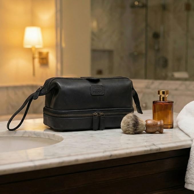 LEATHER VILLAGE Genuine Leather Dopp Kit – Large Travel Toiletry Bag with Waterproof Lining, Dual-Zip Design for Men & Women, Organizer for Shaving, Makeup & Essentials - Black - Image 7