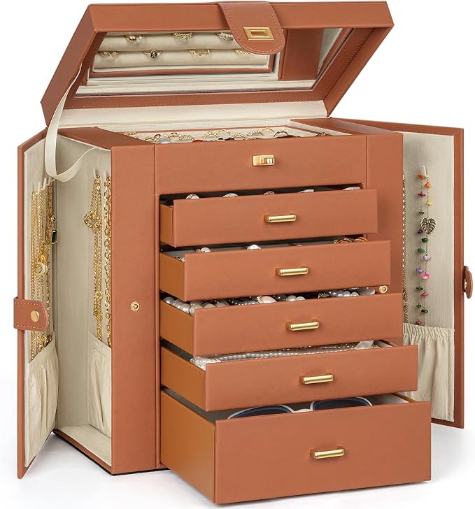 AKOZLIN 6-Tier Jewelry Box Organizer Functional 5 Drawers Leather Jewelry Storage Case for Women Girls Ring Necklace Earring Bracelet Holder Organizer with Mirror Extra Large Orange by AKOZLIN
