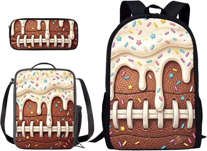 Soccer Drip Ice Cream Print Kids Backpask Set, Durable Lightweight School Bag Set with Lunch Bag and Pencil Case, Knapsack Set Suitable for School, Picnic or Travel, Brown by PCSJRKG