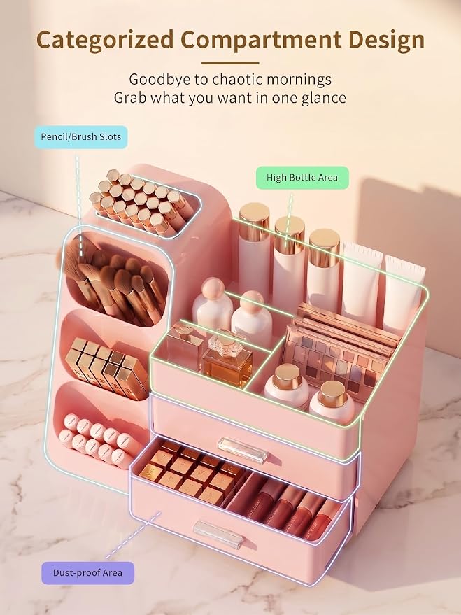 Booklov Large Makeup Organizer for Vanity and Bathroom Countertop, Pink | Plastic Cosmetic Display Case with Drawers, Beauty Brush Holder for Dresser Counter Skin Care Eyeshadow Lipstick Storage - Image 3