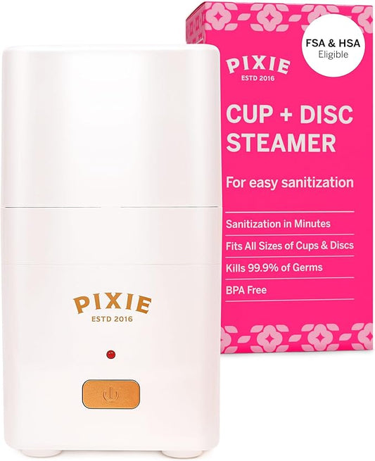 Pixie Menstrual Cup Steam Cleaner - Wash Your Cup + Kill 99.9% of Germs with Cleanser Steam for Feminine Care - 3 Minutes and Your Period Cup is Sterile! Automatic Shut Off - FSA Eligible (White)