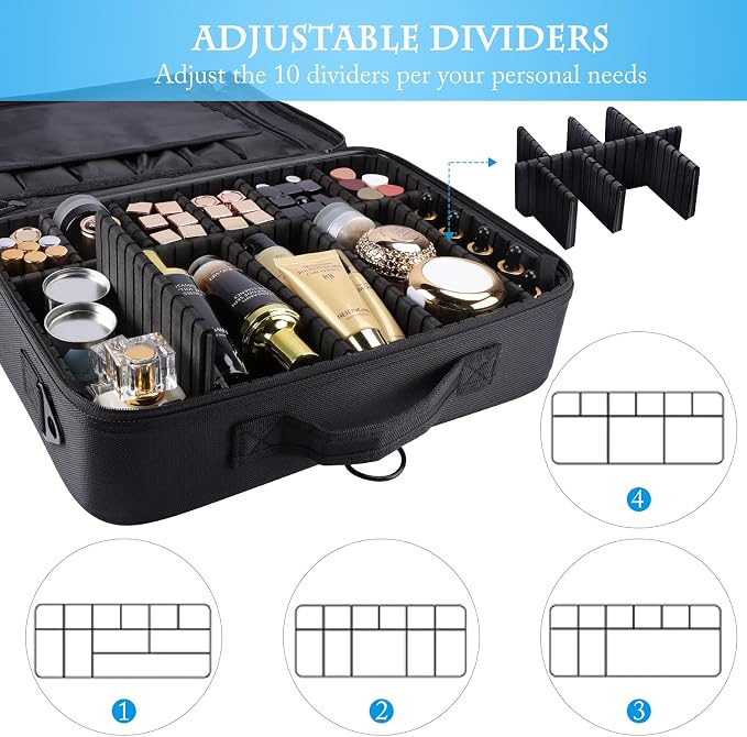 Travel Makeup Train Case,Large Capacity Cosmetic Bags for Women,Portable Makeup Bag Organizer with Adjustable Dividers & Shoulder Strap (Black, L) - Image 4