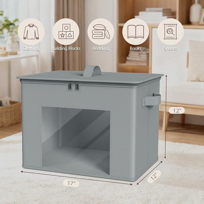 Zilink Fabric Storage Bins with Lid 4-Pack Stackable Closet Storage Bins Sweater Organizer with Zipper & Clear Window Closet Organizers and Storage Box for Home, Bedroom (Light Grey,17" x 12" x 12") - Image 2