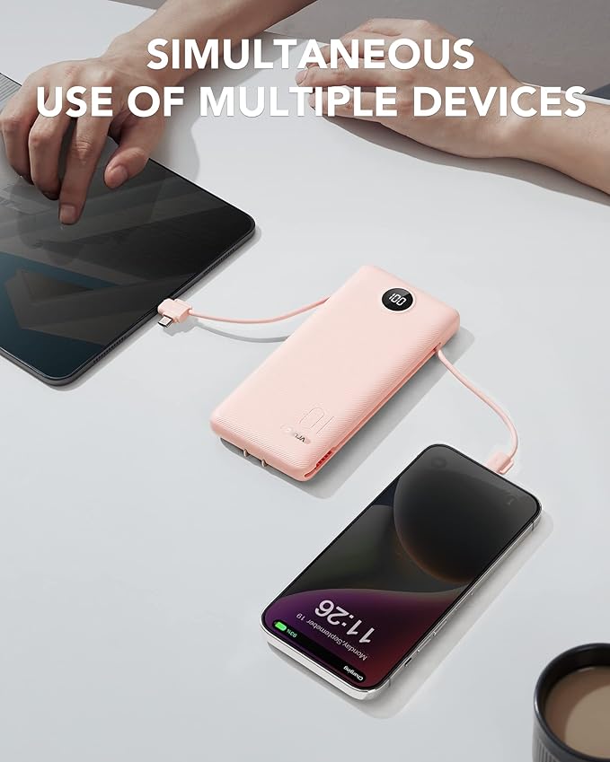 VRURC Portable Charger Built-in Cables and AC Wall Plug,USB C Power Bank 10000mAh, Travel Essentials Phone Charger Compact Lightweight External Battery Pack for Smart Phones, Tablets etc-Pink