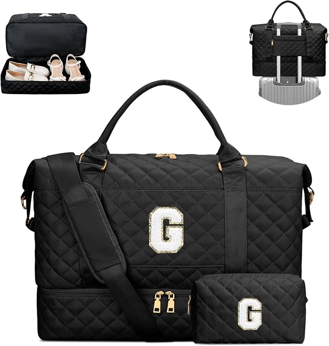 Gifts for Women Girls Birthday Initial Travel Duffle Bag Quilted Weekender Bags Carry-On Overnight with Cosmetic Bag, Gym Bag with Shoe Compartment, Black G by Unknown