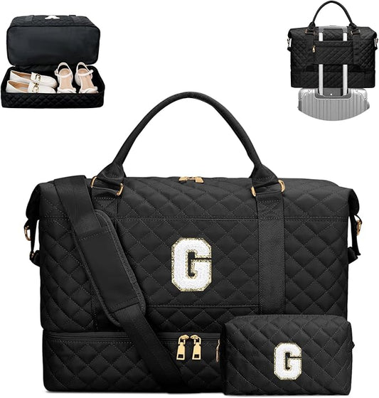 Gifts for Women Girls Birthday Initial Travel Duffle Bag Quilted Weekender Bags Carry-On Overnight with Cosmetic Bag, Gym Bag with Shoe Compartment, Black G by Unknown