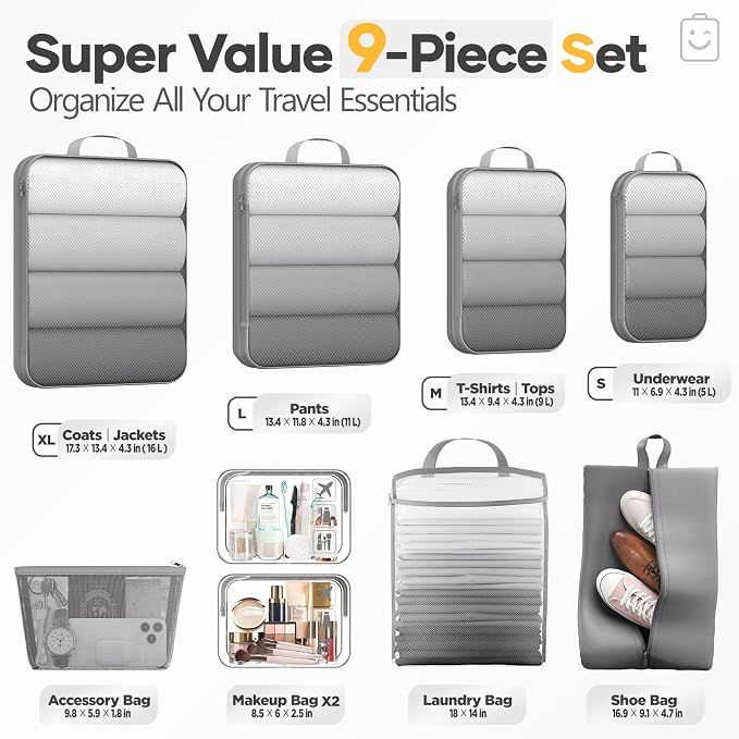 Veken 9/11 Set Compression Packing Cubes for Travel Essentials,Compressible Expandable Luggage Suitcase Organizer Bags with Garment Bag,Space Saver Bags with Over 1000 pcs of Mesh Holes(Gray) - Image 2