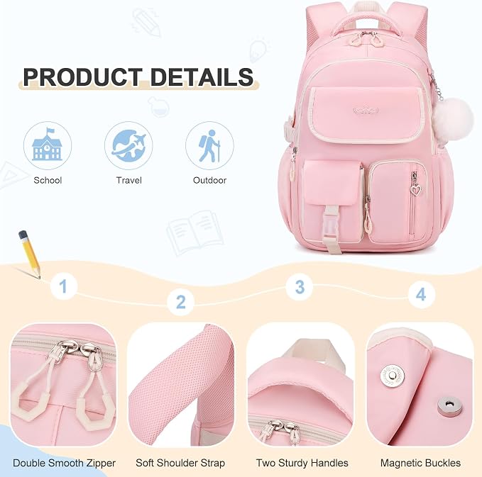 DIGOBAY Backpacks for Girls, 3PCS School Backpack with Lunch Box Pencil Pouch for Teen Girls Kids Elementary Primary Middle High College School Bookbag Set （Pink） - Image 5