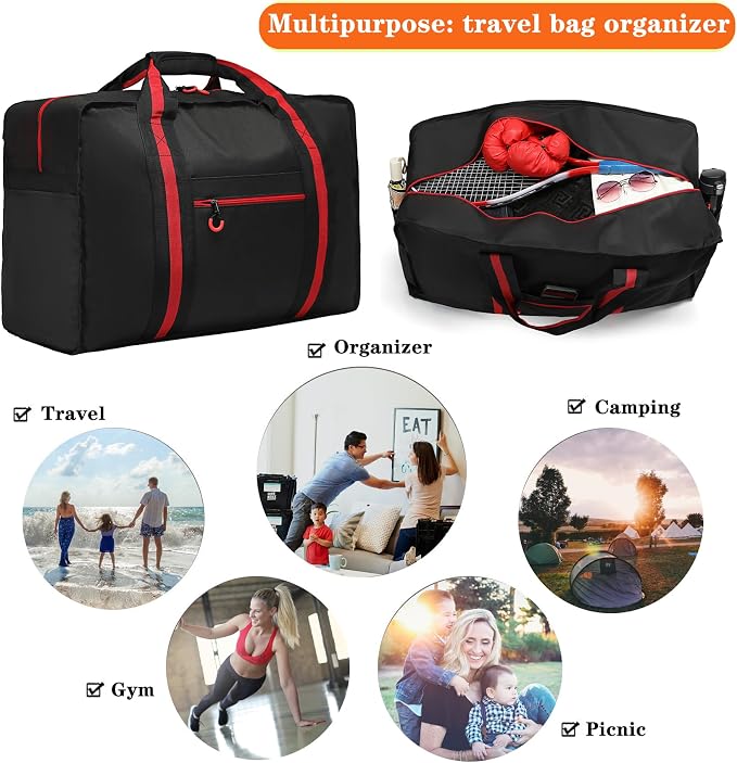 Duffle Bag for Travel Heavy Duty Large Weekender Bag Foldable 65L Overnight Bags for Women Men, Red - Image 6