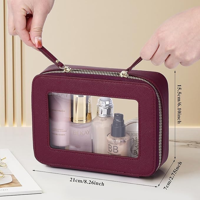 Clear Makeup Bag Women's Waterproof Travel Cosmetic Case and Toiletry Bag Portable Makeup Organizer Bag for Car with Zipper (Burgundy, M) - Image 3
