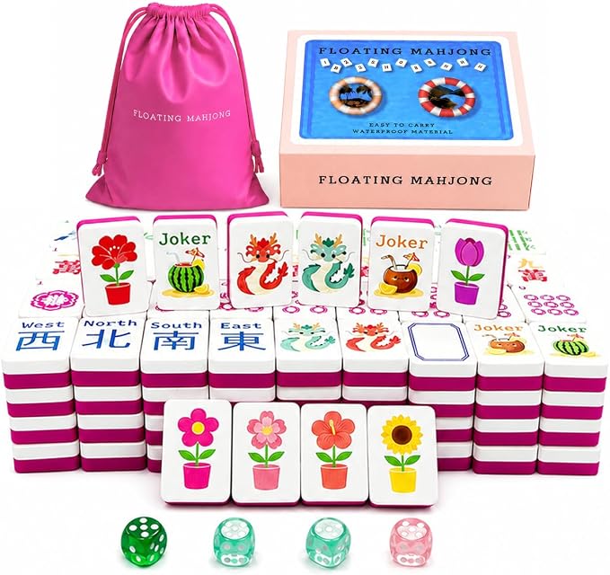 Floating Mahjong Tile Set for Pool,160 American Mahjong Tiles Waterproof EVA Foam with Dice Storage Bag for Pool Party Beach Vacation Summer Outdoor Game Set (Rose red) by Unknown