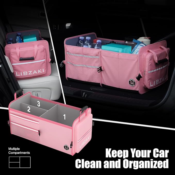 LIBZAKI Car Trunk Storage Organizer, Multi Compartment Collapsible Trunk Storage Box for Car Truck SUV-Pink - Image 7
