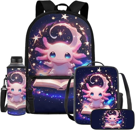 Reading Axolotl Kids Backpack & Lunch Bag Set, Lightweight Water-Resistant Bookbag with Padded Straps to Protects Shoulders, Leak-Proof Lunch Box Keeps Food Fresh fo 6+ Hours, Cute School Bag by Dremagia